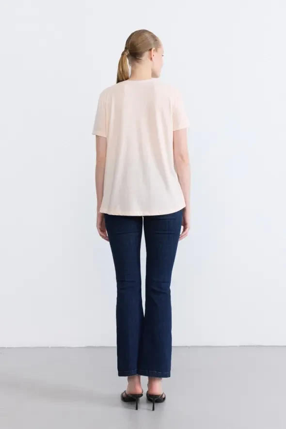V Yaka Simli T-Shirt - Pudra - 3