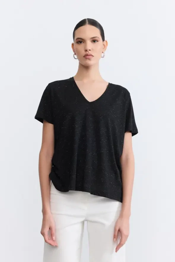 V Yaka Simli T-Shirt - Siyah - 1