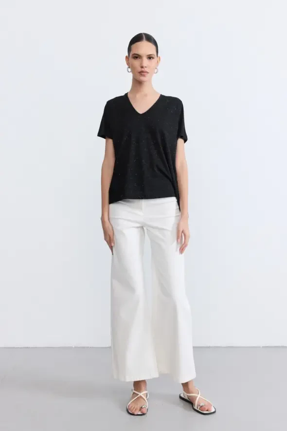 V Yaka Simli T-Shirt - Siyah - 2