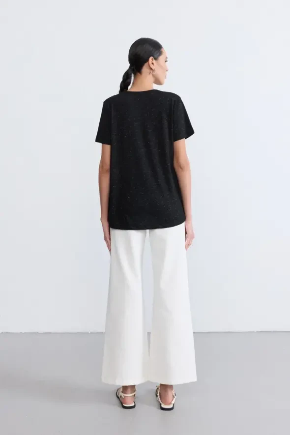 V Yaka Simli T-Shirt - Siyah - 3