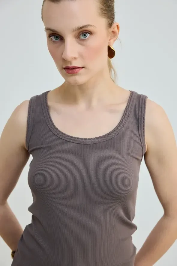 Yakası Dilimli Viskon Atlet - Kahve - 3
