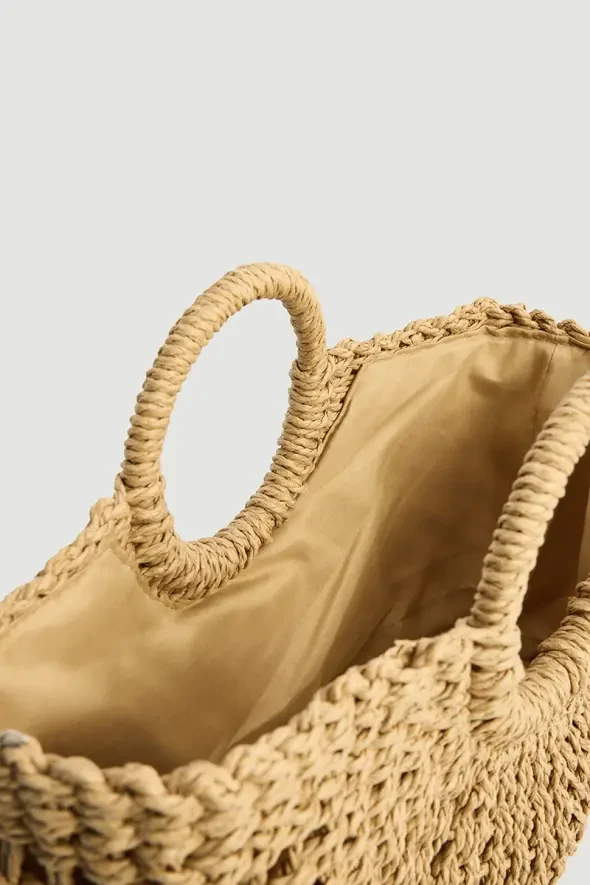 Yuvarlak Saplı Hasır Çanta - Camel - 4