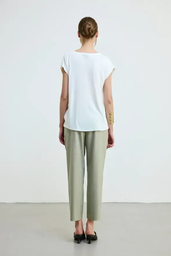 Yuvarlak Yaka Önü Saten Tshirt - Ekru - 4