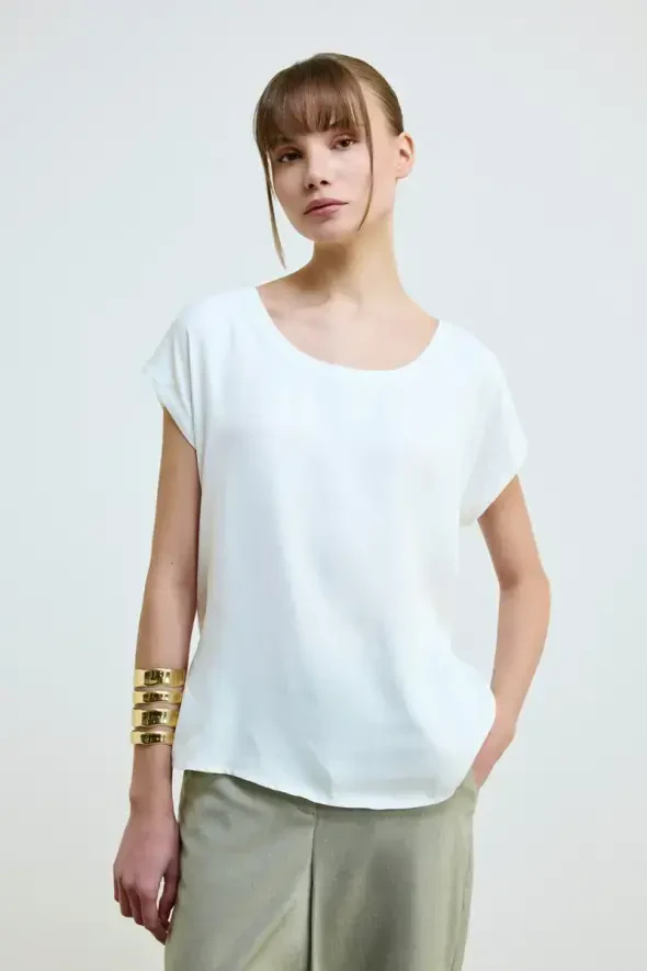 Yuvarlak Yaka Önü Saten Tshirt - Ekru - 1